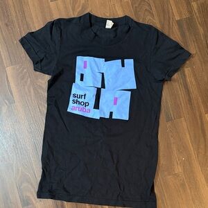 Surf Shop Aruba Graphic Tee - Black with Light Blue & Pink Print